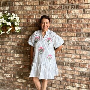 Striped Dress with Pink Floral Embroidery